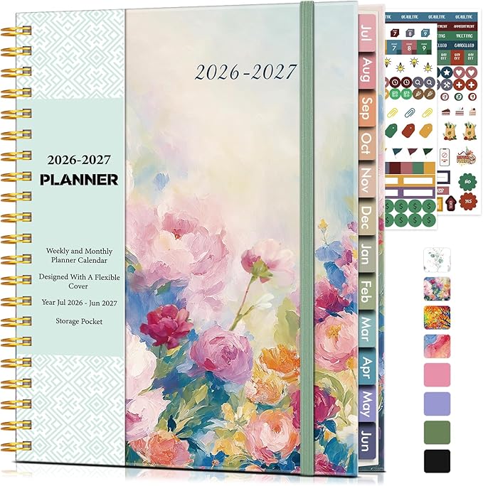 Academic Planner 2026-2027, Weekly and Monthly Calendar Planner from July 2026 - June 2027, 8.5" x 11" A4 Large Daily Agenda Book with Tabs, Flexible Cover, College School Organizer for Student Teacher, Watercolor Floral