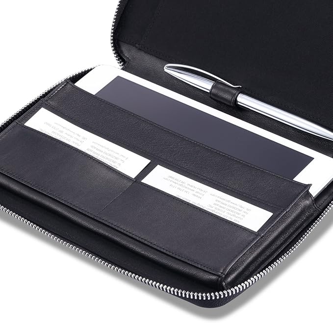 Leather Junior Padfolio for Men & Women with Pen Loop, Italian Calfskin, Business Portfolio Notebook Folder (Zippered Black)
