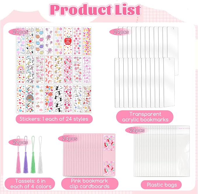 16 Set Acrylic Bookmark Blanks, 16 Sheets UV DTF Stickers 4 Colors Tassels Clear Packing Bags and Pink Bookmark Display Card for Hanging Tag, DIY Crafts, Gift, Bookmarks