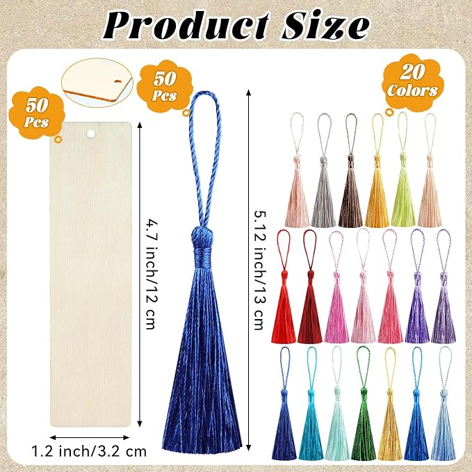 50 Pcs Wooden Bookmarks, Unfinished Wooden Bookmarks with 50 Pcs Tassels, DIY Blank Wood Bookmark for DIY Art Crafts, Birthday Gifts, Christmas Party Decoration (Rectangular Shape)