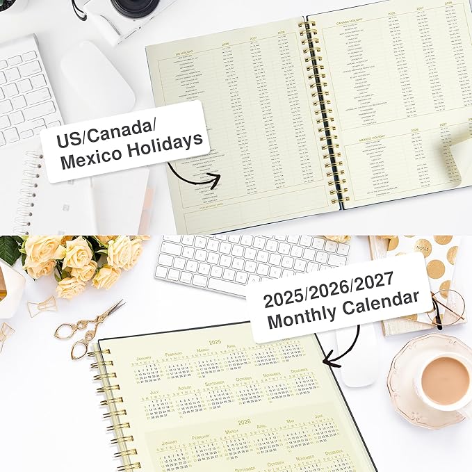 AuroPlanner Undated Daily Planner To Do List Hourly Schedule 2027 2026 2025 Calendar & Holiday Habit Tracker 180 Pages Letter Size 8.5" x 11" Sheets Hardcover Spiral Bound Notebook (Black)