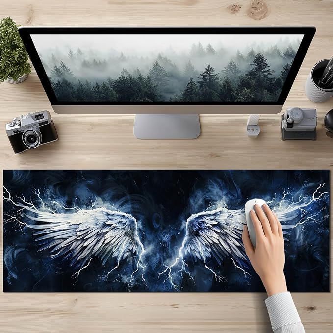 HOMETITUTE White Wing Thunder XL Mousepad 31.5 x 11.8 Inch Large Gaming Desk Mat Extended Computer Pad Keyboard Mat Waterproof Non Slip Surface Mouse Pads for Desktop Office Accessories