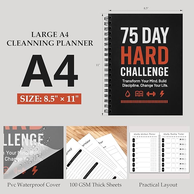 75 Day Hard Challenge Journal for Men or Women with PVC Cover – 75 Hard Challenge Book with Daily, Weekly, Monthly Planner & Wellness Trackers – 75 Challenge Planner Tracker for Fitness, Habits & Self-Care