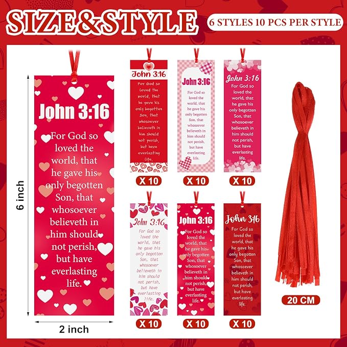Skyygemm 60 Pcs Valentine's Day John 3: 16 Bookmarks Religious Bible Verse Bookmark Red Heart Valentines Day Exchange Gifts for Valentine's Party