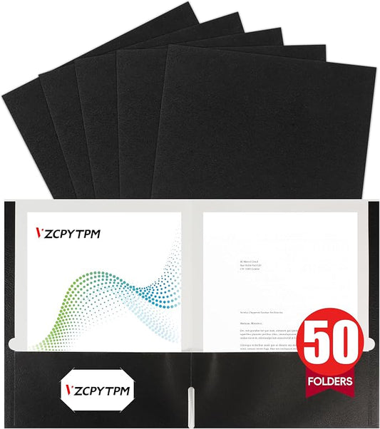 VZCPYTPM 50 Pack Black Folders with Pockets,2 Pocket File Folders for Letter Size (8.5 x 11 Inch),Professional Design with Business Card Slot for Office and School Organization