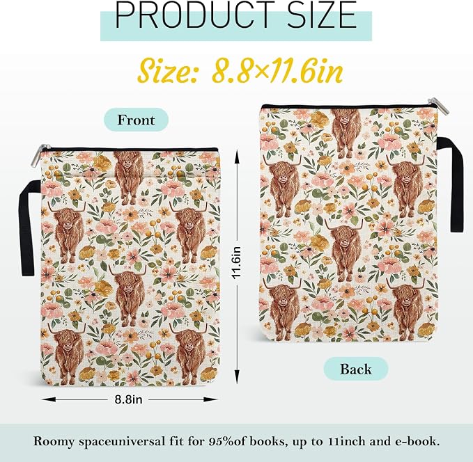 Highland Cow Book Sleeve Pouch for Book Lovers, Birthday Book Cover Gifts for Women Librarian Teacher Bookish Bookworm, Book Accessories for Paperback 9 x 12 Inch