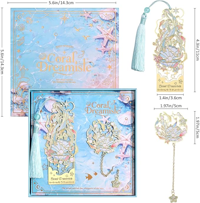 2 Pcs Metal Bookmark Gift Box, Golden Hollow Bookmarks Ocean Painting Theme Book Mark for Women, Book Lovers Writers Readers and Teens, Perfect for Birthday and Graduation Gifts(Green)