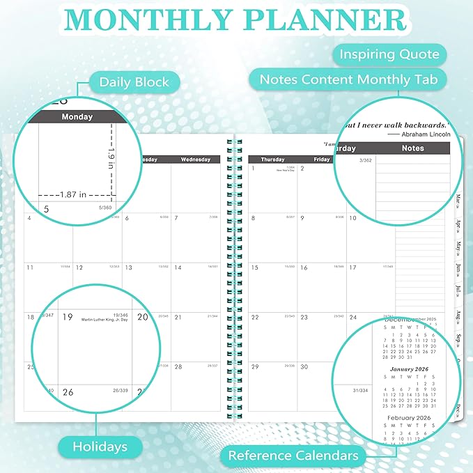 2026-2030 Monthly Planner/Calendar - Jan 2026 - Dec 2030, 5 Year Monthly Planner 2026-2030 with Tabs & Celebrity Quotes, 9" x 11", Famous Quote, Two-Side Pocket, Suitable for Long-Term Planning, Green