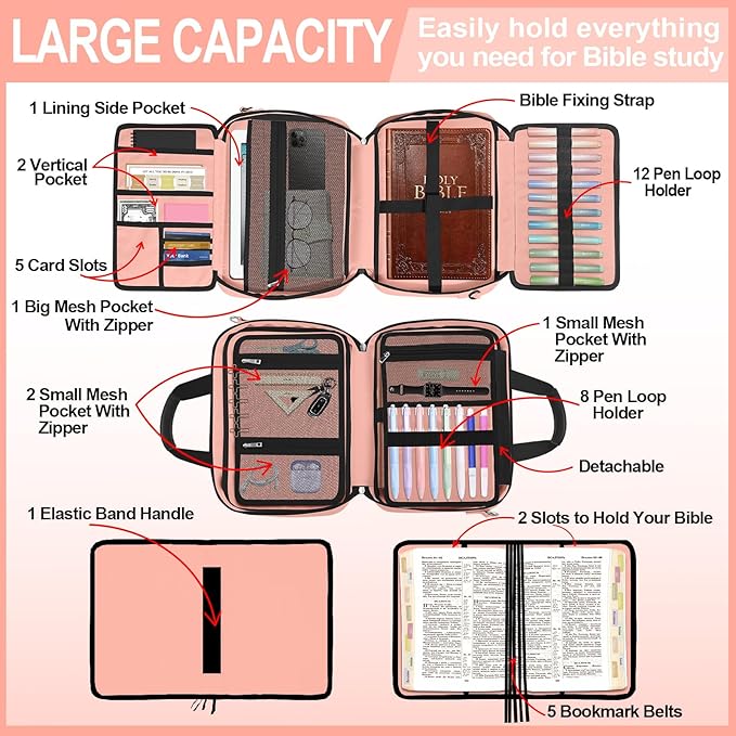 Pink Large Bible Cover Case for Women, Bible Study Supplies Bible Journaling Kit Book Carrying Case Church Bag with Shoulder Strap Handle Zipper Pocket, Christian Gifts