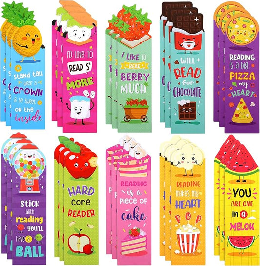 Eersida 30 Pieces Scratch and Sniff Scented Bookmarks Kids Fruit Food Theme Sayings Bookmarks Sayings Assorted Cute Scented Gifts for Students Teens Food Lovers, 10 Styles