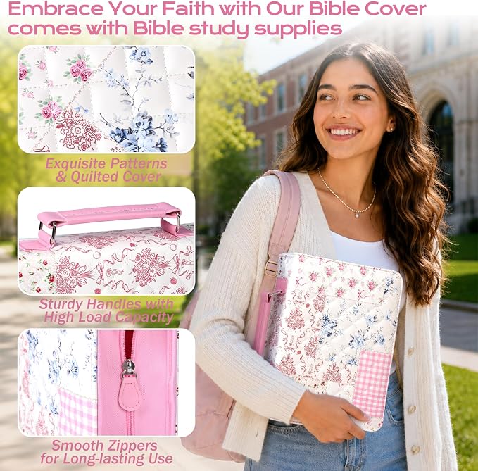 XKDOUS Bible Cover Case for Women Leather Quilted Bible Bag Organizer Large Book Carrying Case with Handle, Pens, Tabs, Study Supplies Journaling Kit Christian Gifts for Mom, Lady