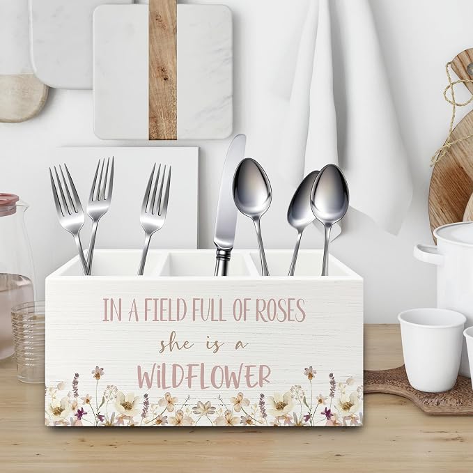 Wildflower Nursery Decor Pen Pencil Holder Organizer for Desk, Girl Nursery Decor, in a Field Full of Roses She Is a Wildflower Wooden Box Sign for Girly Room Bedroom Desk Tabletop Decorations