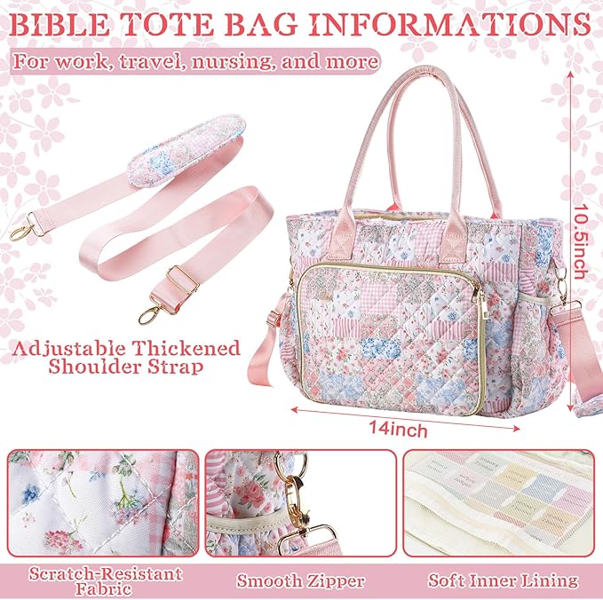 Large Bible Bag Quilted Bible Cover Case Kit for Women Church Bag with Shoulder Strap Study Supplies Christian Gifts(Spliced Flower)