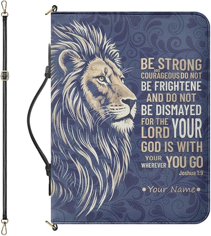 Personalized Bible Cover Case with Name, Custom Bible Bag with Strap and Handle, Lion Print Joshua 1:9 Book Organizer with Inner Pockets and Pen Loop, Biblia Study Supplies, XL(4 Colors)