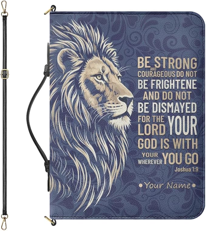 Personalized Bible Cover Case with Name, Custom Bible Bag with Strap and Handle, Lion Print Joshua 1:9 Book Organizer with Inner Pockets and Pen Loop, Biblia Study Supplies, XL(4 Colors)