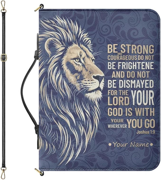 Personalized Bible Case with Name, Custom Bible Cover with Strap and Handle, Lion Print Joshua 1:9 Biblia Holder with Inner Pockets and Pen Loop, Church Bags for Women, 2XL(4 Colors)