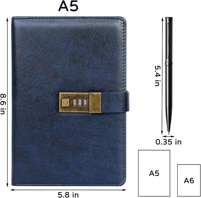 WEMATE Diary with Lock, A5 PU Leather Journal with Lock 240 Pages, Vintage Lock Journal Password Protected Notebook with Pen & Gift Box, Lock Diary Planner Organizer for Men and Women, 8.6x5.8in