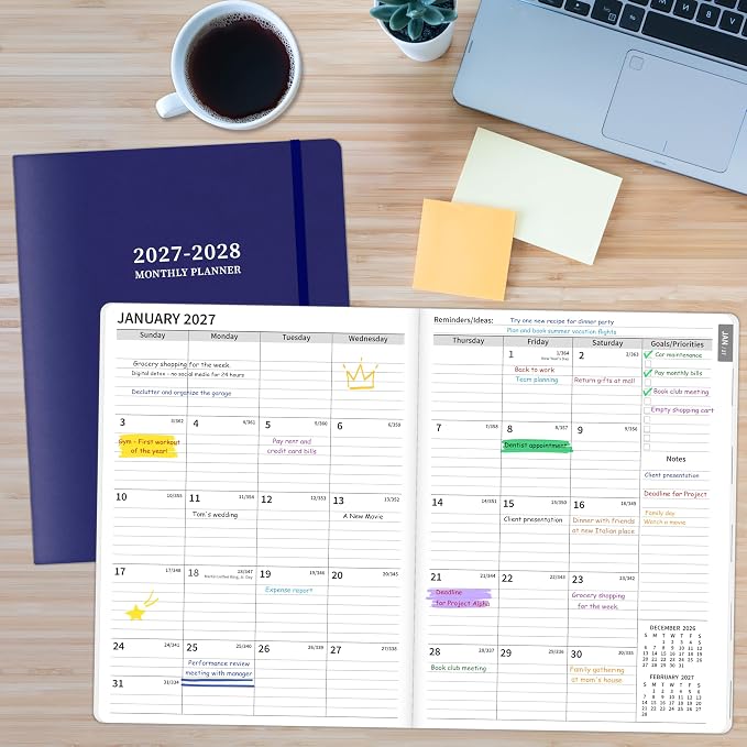 2027-2028 Monthly Planner, 2 Year Calendar Planner, Jan 2027 - Dec 2028, 8.3'' x 11'', 24 Months, Embossed Cover, with Printed Tabs ＆Pocket, Elastic Closure, Organizer for Office Home School, Blue
