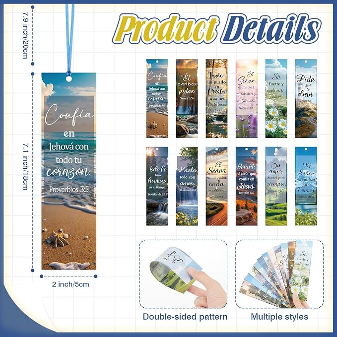 AmazingSpark 120 Pcs Spanish Bible Verse Bookmarks Christian Separadores De Biblia En Español Landscape Spanish Religious Inspirational Bookmarks with Rope for Book Lover Church Prayer Religious Gift