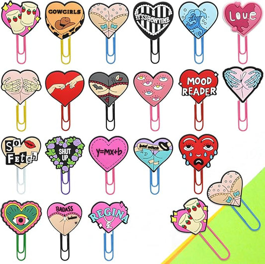Cute Paper Clips,20Pcs Cute Heart Bookmark Paperclip Bulk Metal Fun Loving Heart Planner Clip Charms Clamp Desk Accessories Stationery Colorful Office Supplies DIY gifts for Valentines Day Party Decor