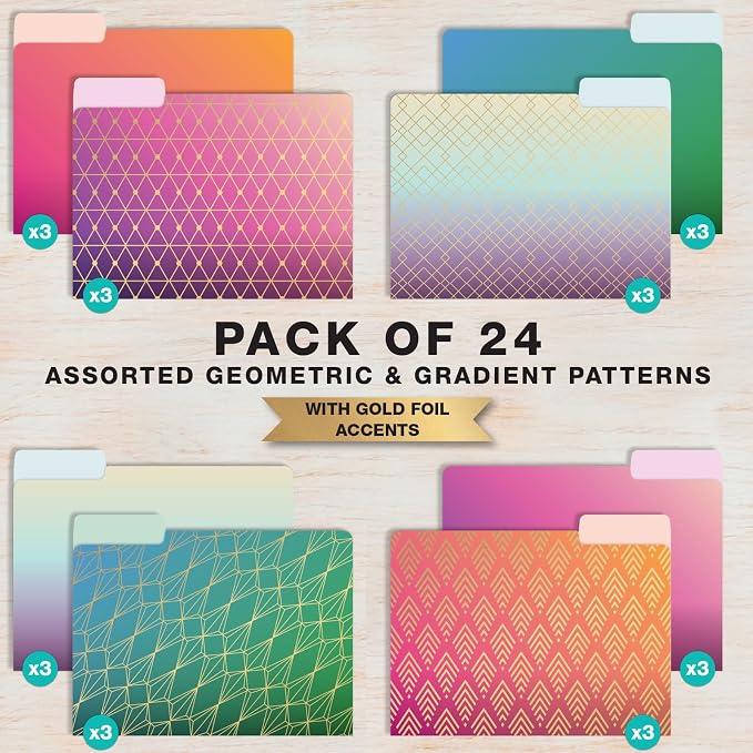 Global Printed Products Deluxe Designer Printed File Folders, 1/3 Cut Tab, Assorted Positions, Letter Size, 24/pk (Geometric Foil)