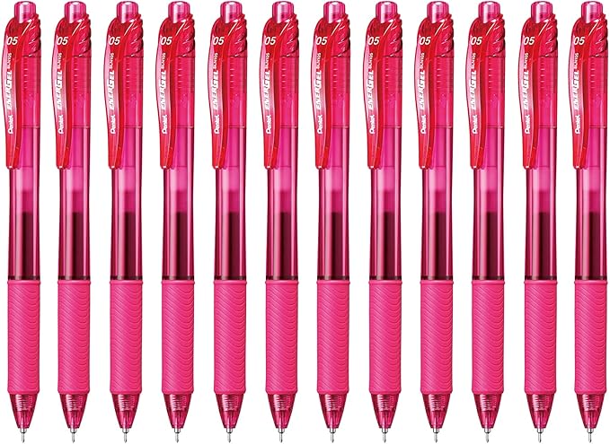 Pentel EnerGel-X Retractable Liquid Gel Pen (0.5mm) Needle Tip, Fine Line, Pink Ink, Box of 12 (BLN105-P)