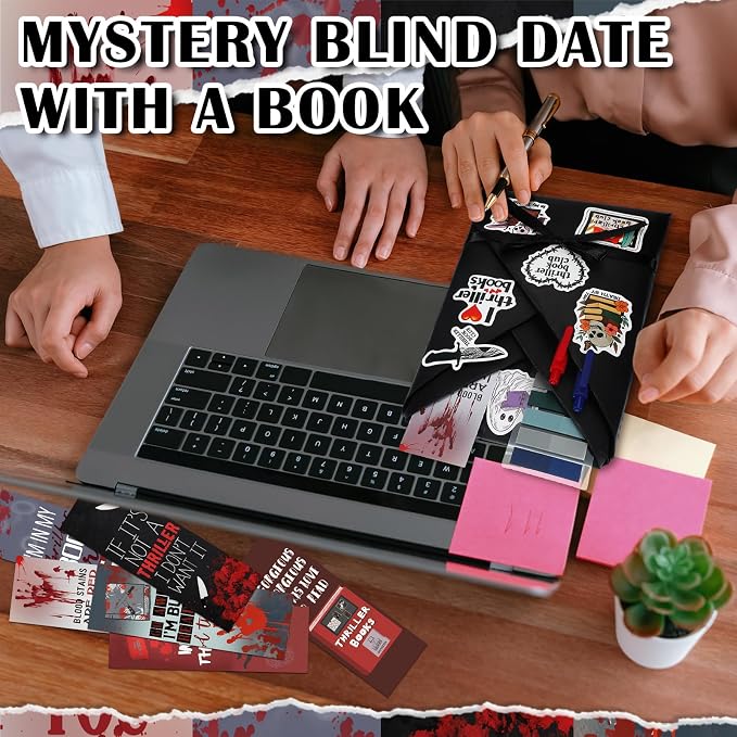 Honoson 6 Set Thriller Blind Date with a Book Gift Box Supplies Including True Crime Mystery Horror Bookmarks Stickers Tags Pens Ribbon Wrapping Papers Bookish Readers Book Club Gifts(Without Books)
