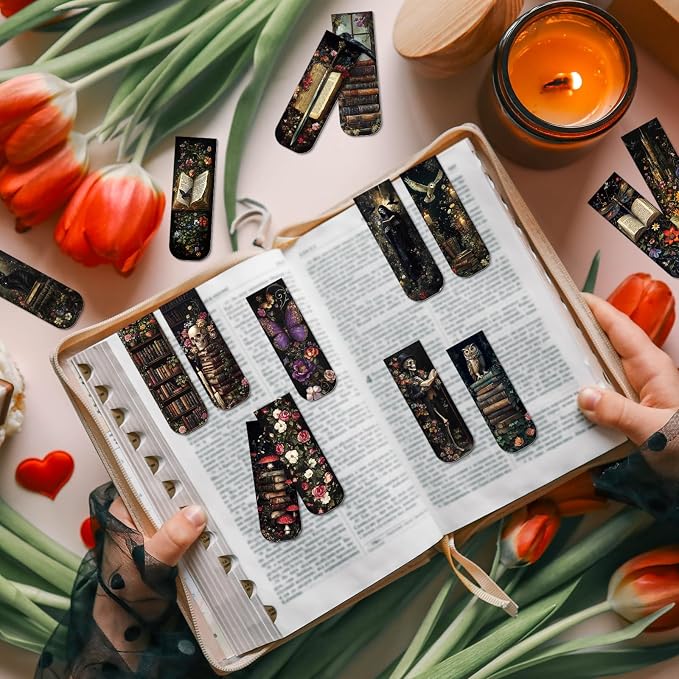Dark Academia Magnetic Bookmark Gifts - Cosmisun 45 Pcs Vintage Gothic Magnetic Bookmarks Witchy Skull Cat Owl Book Marks Page Magnets Marker Clip for Book Lovers Students Teacher Reading Bookis Gift