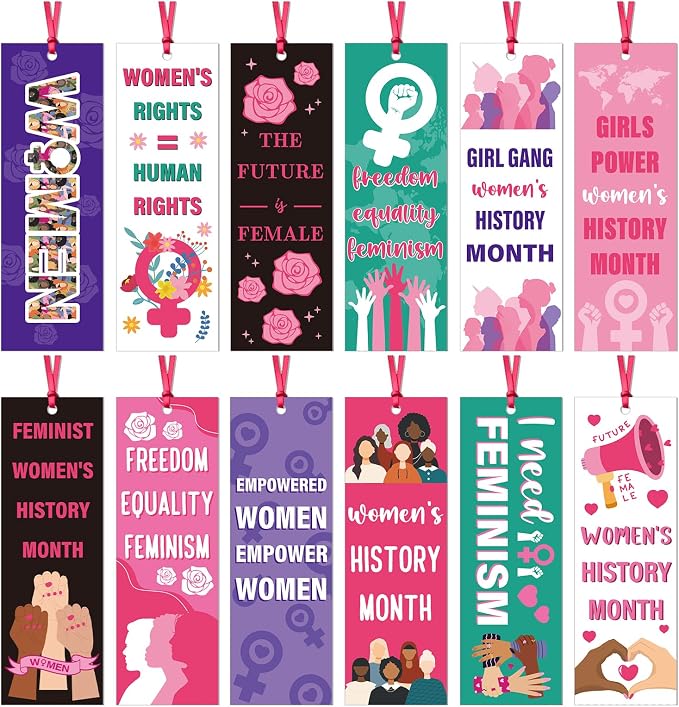 Women's History Month Bookmarks Gifts - Wxiben 120 Pcs National Women's Day Bookmark Freedom Equality Feminism Book Mark Page Clip for March 8th Teacher School Classroom Stationery Handout Supplies