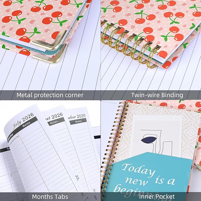 2026 Monthly Planner, Jan.2026 - Dec.2026 Weekly Monthly Planner 6.25"x8.5" with Page Tabs, Calendar Hardcover with Inner Pocket, Elastic Band, Twin-Wire Binding, Bookmark, Cherry Polka Dots