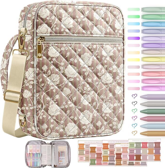 BellaHold Bible Cover Case for Women, Large Bible Bag with Detachable Strap & Bible Study Supplies, 12 Highlighters, 6 Colored Gel Pens & 75 Bible Tabs, Christian Gifts for Women (Vintage Rose Stripe)