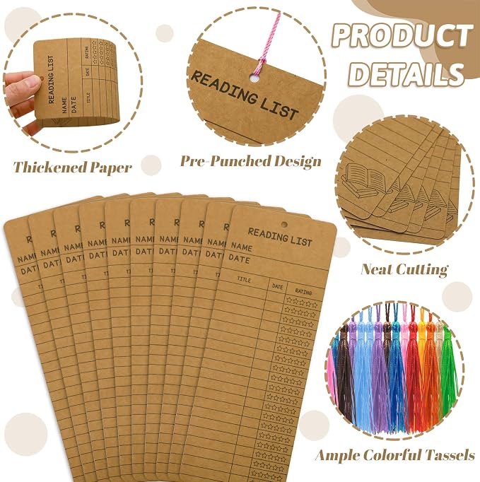 DSYIL 100 Sets Reading List Bookmarks with Tassels - 3x8 Library Card Book Marks Bulk, Cardstock Reading Log and Book Tracker for Book Lovers, Book Clubs & Back-to-School Supplies (Brown)