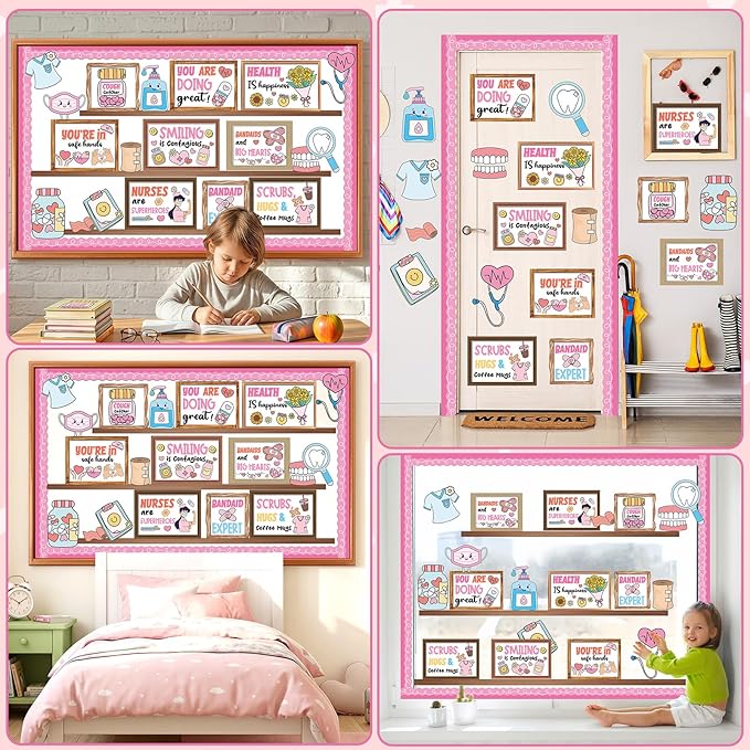 Nurse Bulletin Board Decorations Set Health Inspirational Bookshelf Classroom Decoration Back to School Bulletin Board Positive Nursing Paper Cutout for Nurse Day Hospital Clinic Medical RN Wall Decor