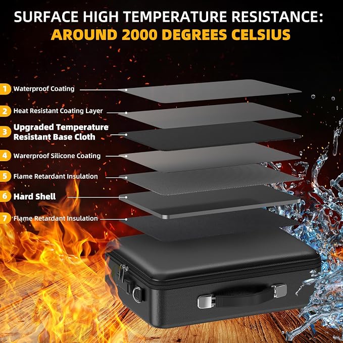Fireproof Document Box with Lock, Durable Hard Case File Organizer Fire Safe Box, Hard-Shell Design Waterproof Fireproof Safe Important Document Organizer (Black with Shoulder Strap)