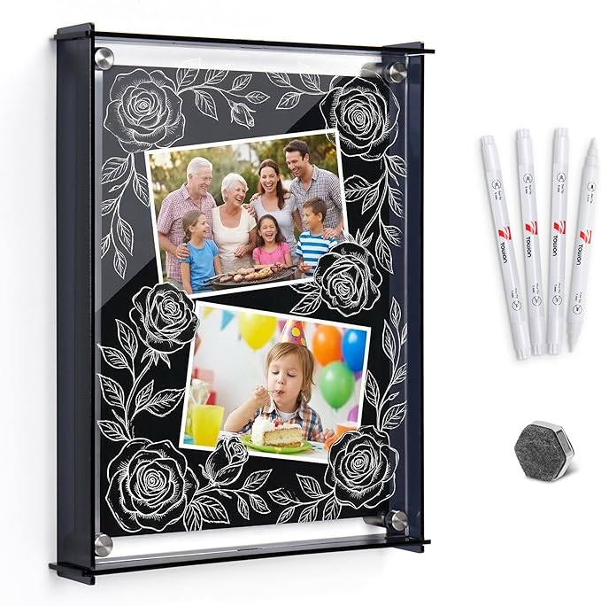 TOWON 9x12 Inch Black Acrylic Dry Erase Board & Photo Frame, Wall Mount Writing Remind Board with Slide-Lock Design for Home Office, Kitchen and Dorm Décor | 4 Dual-Tip Markers and Double-Sided Eraser