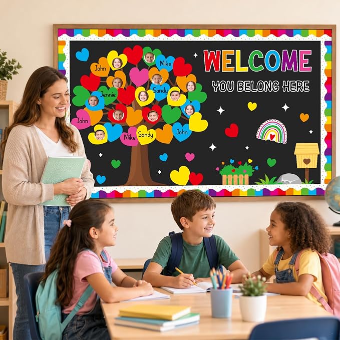 85pcs Rainbow Classroom Tree Bulletin Board Heart DIY Photo Name Tags Crafts Cutouts Back to School Rainbow Accents You Belong Here Welcome Classroom Decor for Nursery Elementary Chalkboard Wall Decor