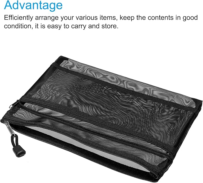 MECCANIXITY Mesh Zipper Bags, A5 Nylon Double Layer Zip File Pouch Storage Organizer Pockets for Travel Office Accessories, Black Pack of 6