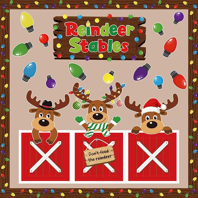 55 Pcs Christmas Elk Bulletin Board Set Xmas Reindeer Stable Cardboard for Decor Winter Bulletin Board Decorations Elk Paper Cutouts for Wall Classroom Holiday School Party Supplies