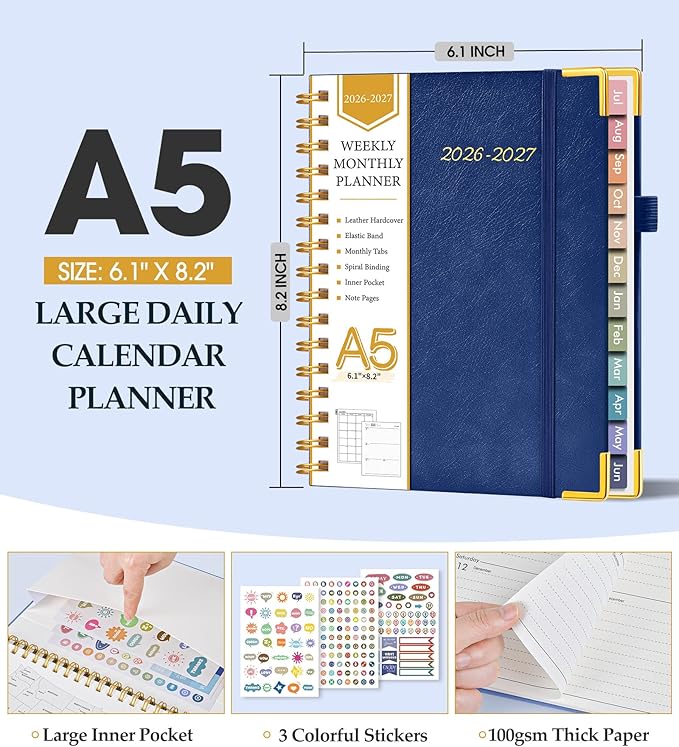 Academic Planner 2026-2027, Hardcover Leather Weekly and Monthly Calendar Planner from July 2026 - June 2027, A5 6.1" x 8.2" Daily Agenda with Tabs, College School Organizer for Student Teacher, Night Sky Blue