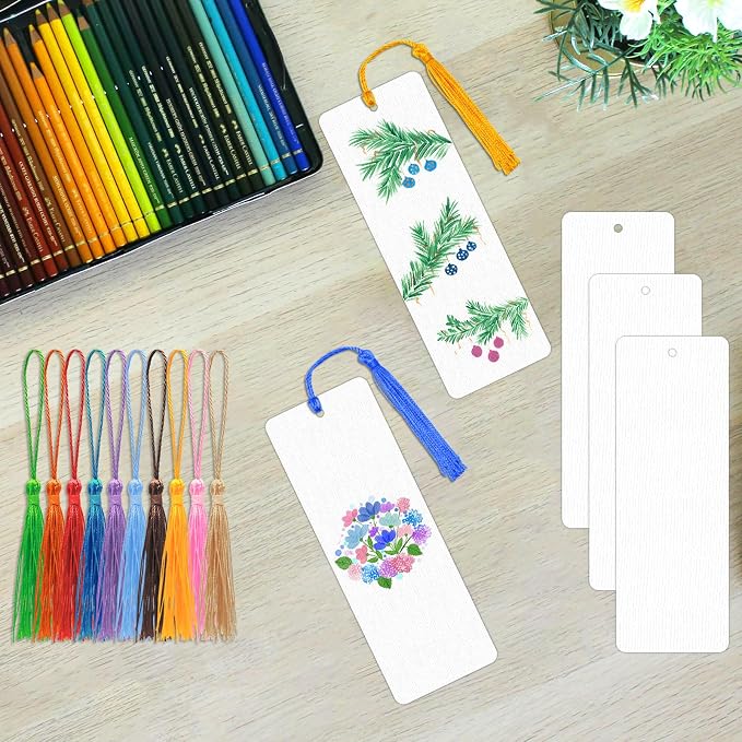 DSYIL 50 Sets Watercolor Paper Bookmarks with Tassels, Blank Book Marks Making Kit, Heavyweight Watercolor Paper Cards Bulk for Classroom Projects and DIY Craft, 5.5 x 2 Inches