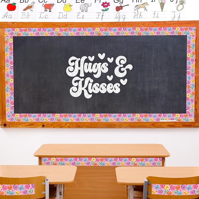 JarThenaAMCS 66Ft Valentine's Day Bulletin Board Border Conversation Heart Border Trim Self Adhesive Colorful Heart Bulletin Board Stickers for School Classroom Chalkboard Wall Party Decor