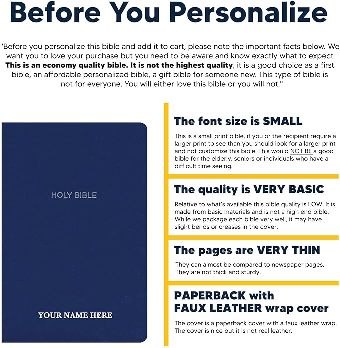 MerchSalad Personalized NKJV Bible New King James Version Faux Leather Holy Bible with Custom Name Includes Up to 3 Rows of Text, Custom Gift for Christian & Religious Celebrations (Blue)