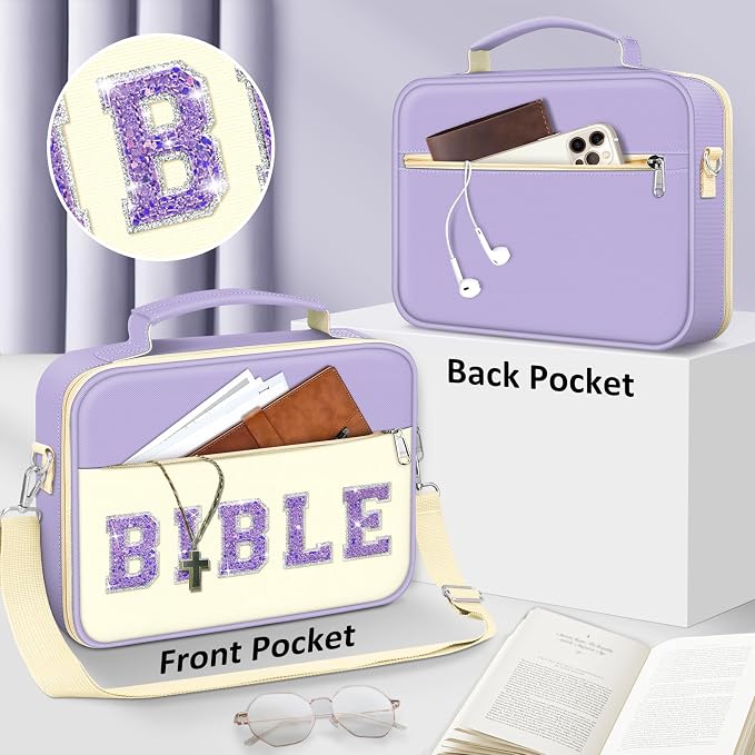 FINPAC Large Bible Cover w/Shoulder Strap, Carrying Book Case Church Bag Bible Protective w/Pen Slots and Zippered Pocket, Gift for Women Lady, Letter Purple