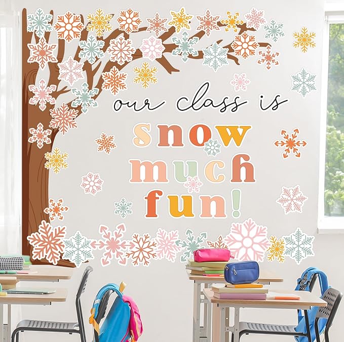 JarThenaAMCS 71Pcs Winter Bulletin Board Decorations Winter Classroom Decorations Christmas Snowflake Tree Cutouts for Xmas Holiday School Classroom Wall Door Decor Party Supplies