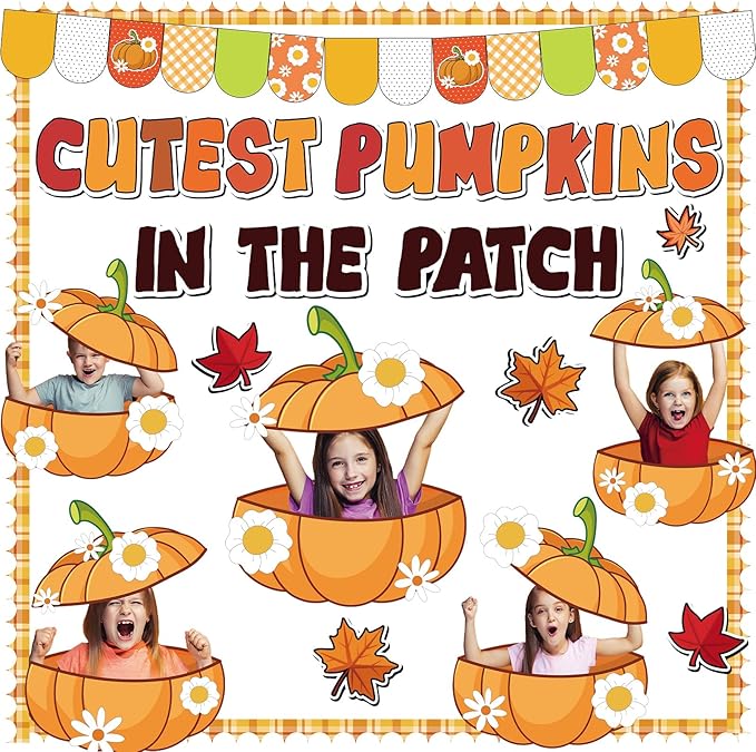 Thanksgiving Pumpkin Bulletin Board Fall Pumpkin Classroom Decorations Autumn Flower DIY Photo Crafts Cutout Pumpkins in The Patch Classroom Decor for Thanksgiving School Office Chalkboard