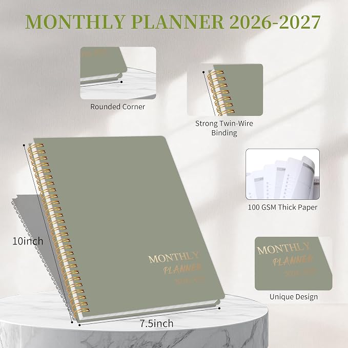 2026-2027 Monthly Planner - Jan. 2026 - Dec. 2027, 2 Year Calendar 2026-2027 Monthly Planner, 7.5" x 10", 24 Months Calendar with Note Pages, Twin-wire Binding, for Office, School Home Planning - Green