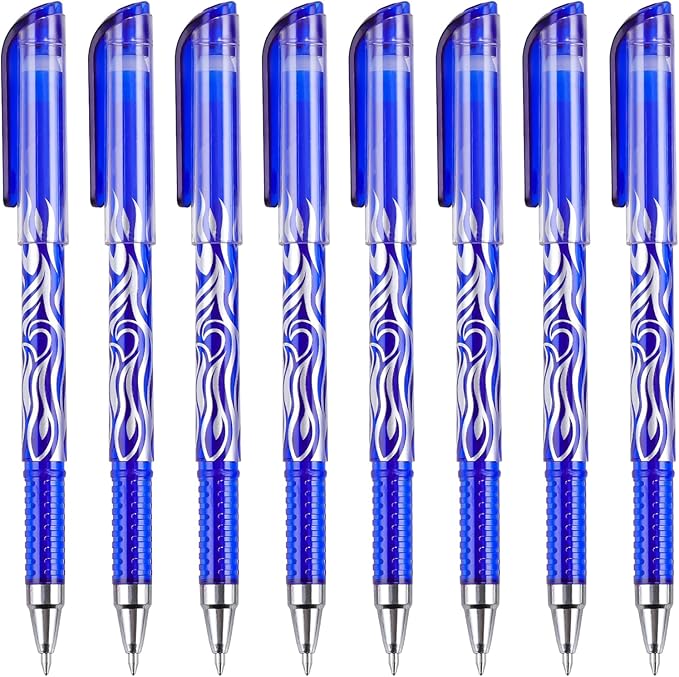 RIANCY 8 Pack Blue Ink Erasable Gel Pens, 0.5mm Fine Point, Flame Patterned Barrel, Comfortable Grip, with Eraser, Ideal for Journaling, School Work, Office Tasks, Note Taking, DIY Projects