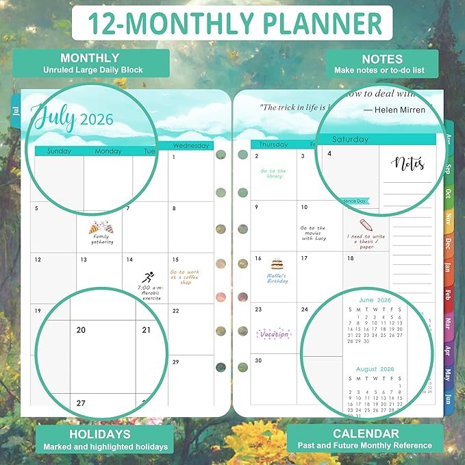 2026-2027 Planner Refills - Planner Refills 2026-2027, JUL 2026 - JUN 2027, 5-1/2" x 8-1/4", A5 Planner Inserts, 26-27 Planner Weekly and Monthly with 7-Hole Punched, Colorful Tabs - Dreaming Moon