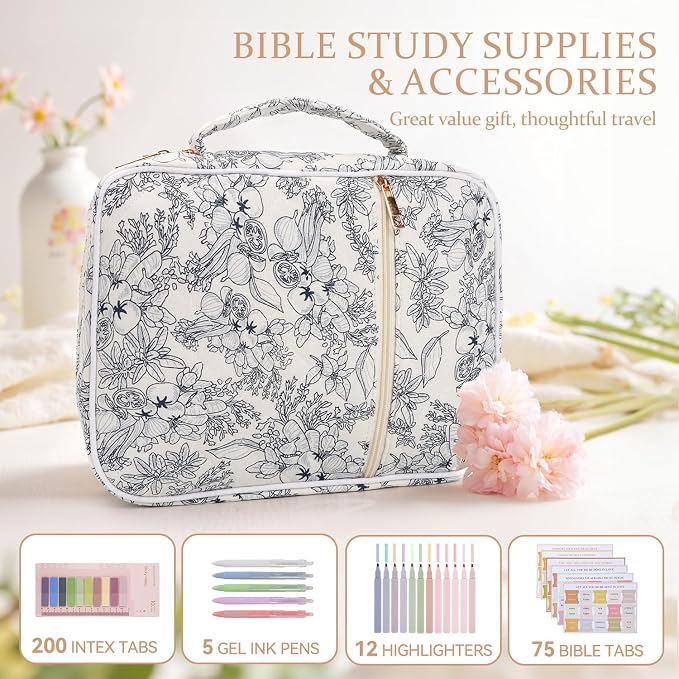Bible Cover Case for Women Large Quilted Bible Carrying Bag with Handles Bible Study Supplies & Accessories Christian Gifts for Women(Big Blue Flower, M)