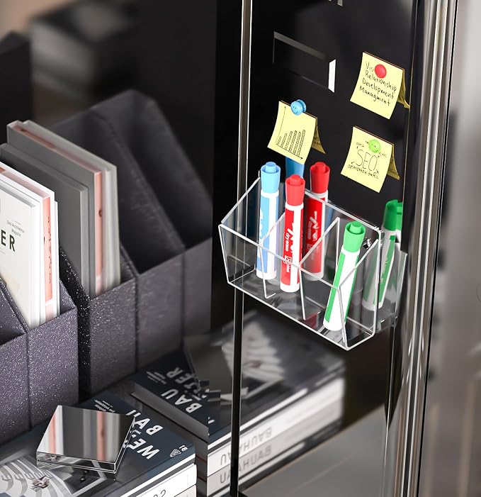 FUCDTEFC Wall Mount Marker Holder, Acrylic Dry Erase Marker Wall Holder, 3 Compartments Pencil Pen Dispenser Makeup Markers Holder Whiteboard Clear Organizer for Classroom Wall